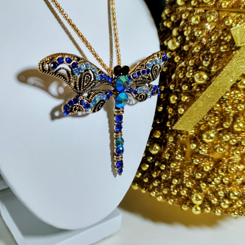 Betsey Johnson Blue and Gold Dragonfly Necklace & Brooch Combined Into 1 - Picture 3 of 4